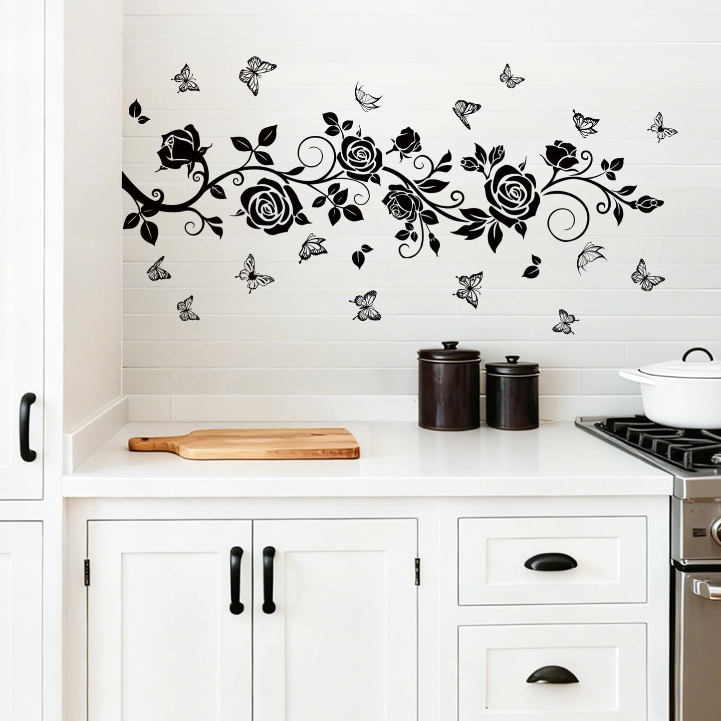 FUFUQUARE Flower Vine Decals Flying Butterfly Black Floral Wall Stickers Removable Wall Art Decor for Living Room Bedroom