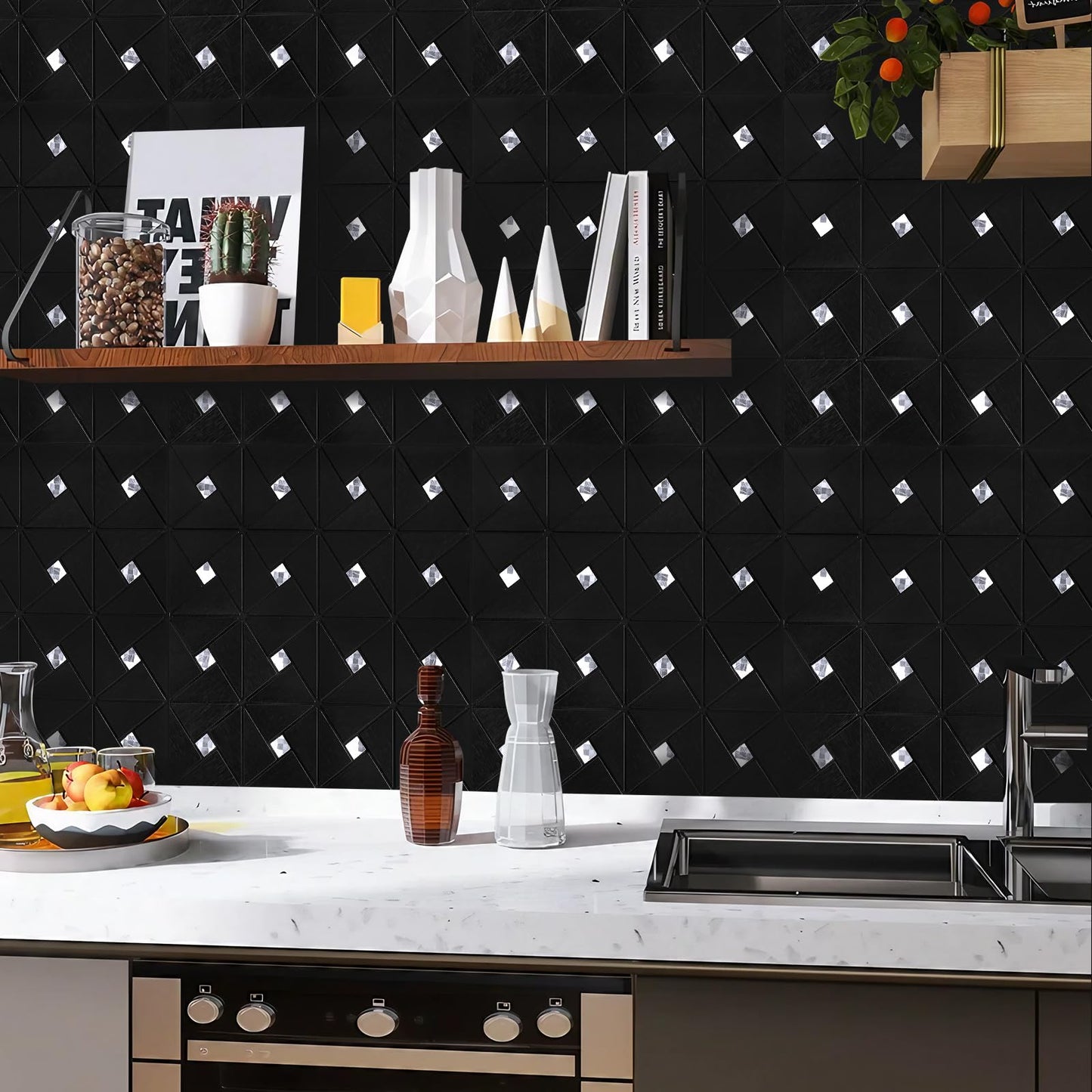 Vamos Tile Peel and Stick Backsplash Tile - Metal Tile Stick on Backsplash for Kitchen and Bathroom Black Windmill Puzzle Glass Mixed Self Adhesive Mosaic Tiles(12"x12"x10 Sheets)
