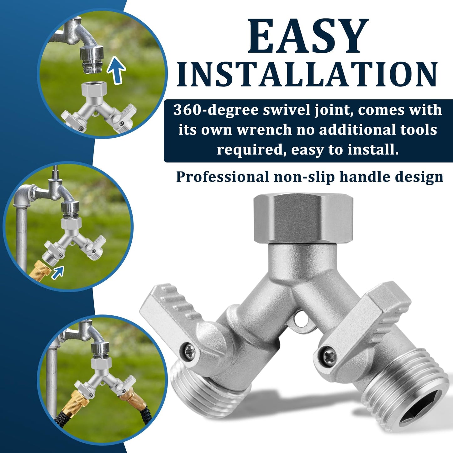 Garden Hose Splitter 2 Way Heavy Duty, 304 Stainless Steel 2Way Hose Splitter, 3/4 Inch Water Hose Splitter 2 Way, Full Flow Garden Hose Y Splitter(All Components are Stainless Steel)