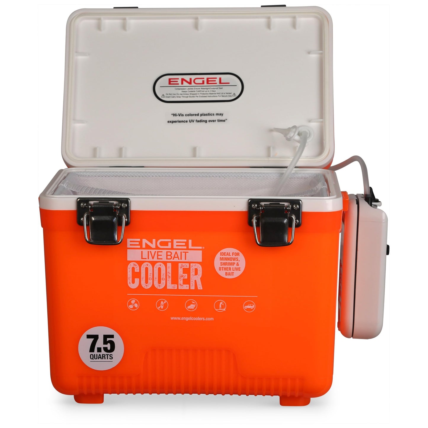 Engel 7.5qt Live Bait Cooler Box with 2nd Gen 2-Speed Aerator Pump - Portable Fishing Station & Minnow Bucket for Shrimp & Other Live Fish with Aerator - ENGLBC7-N-OHV in Orange High-Visibility