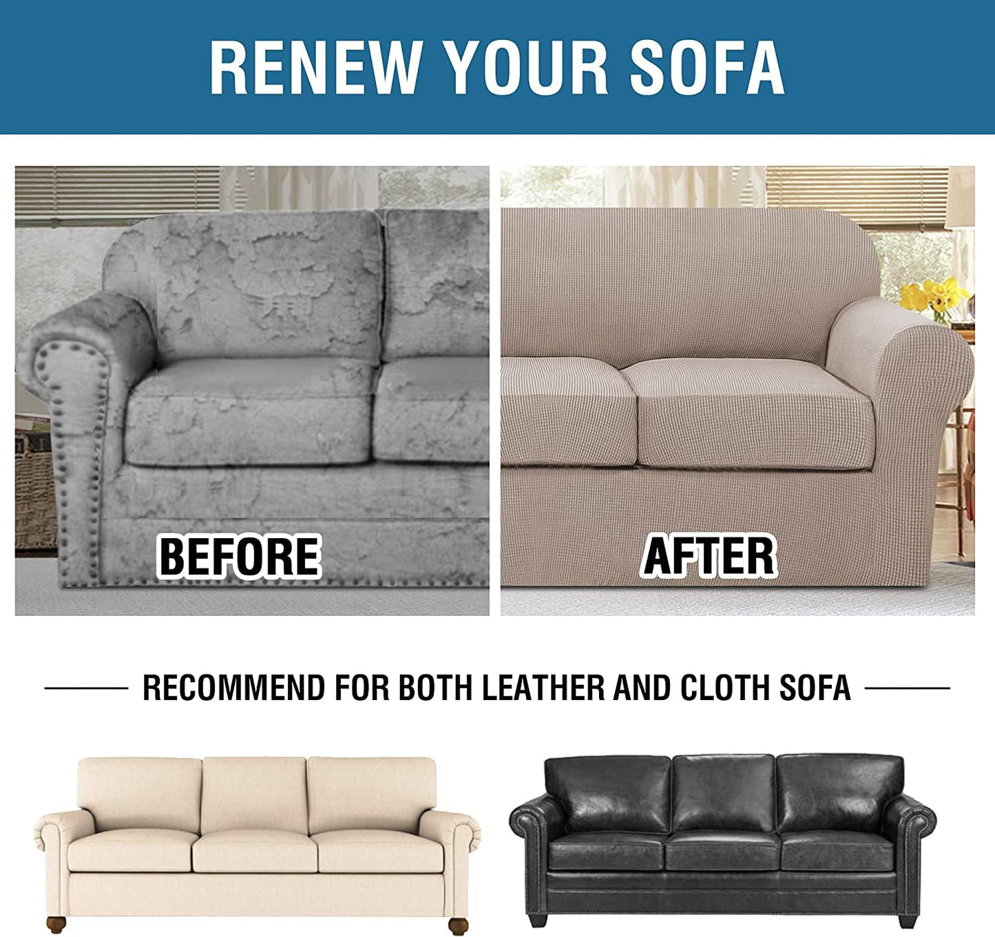 H.VERSAILTEX 4 Piece Stretch Sofa Covers for 3 Cushion Couch Covers for Living Room Slipcovers (Base Cover Plus 3 Seat Cushion Covers) Upgraded Thicker Jacquard Fabric (Sofa, Sand)