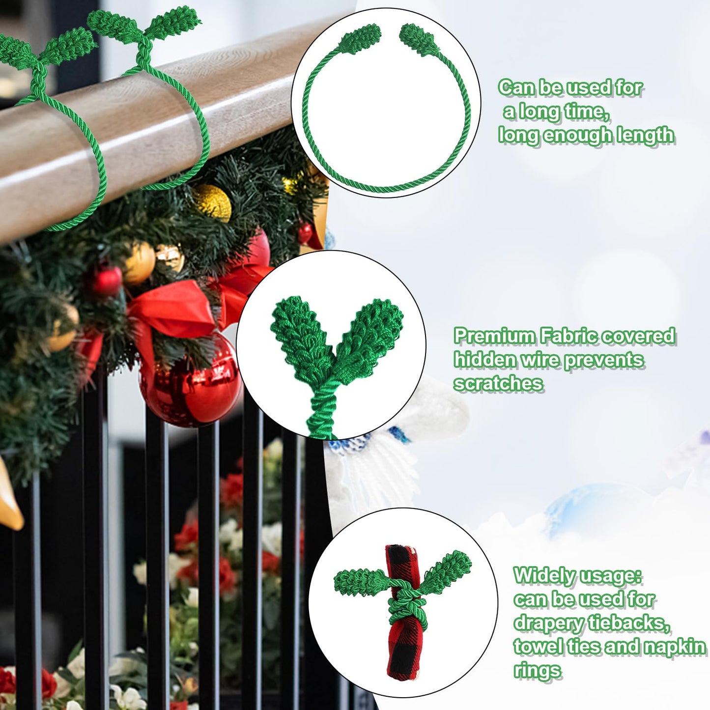 DIYASY Christmas Garland Ties, 12 Pcs Green Banister Ties Decorative Twist Tie for Stairs Reusable & Flexible Railing Wraps Xmas Home Decorations