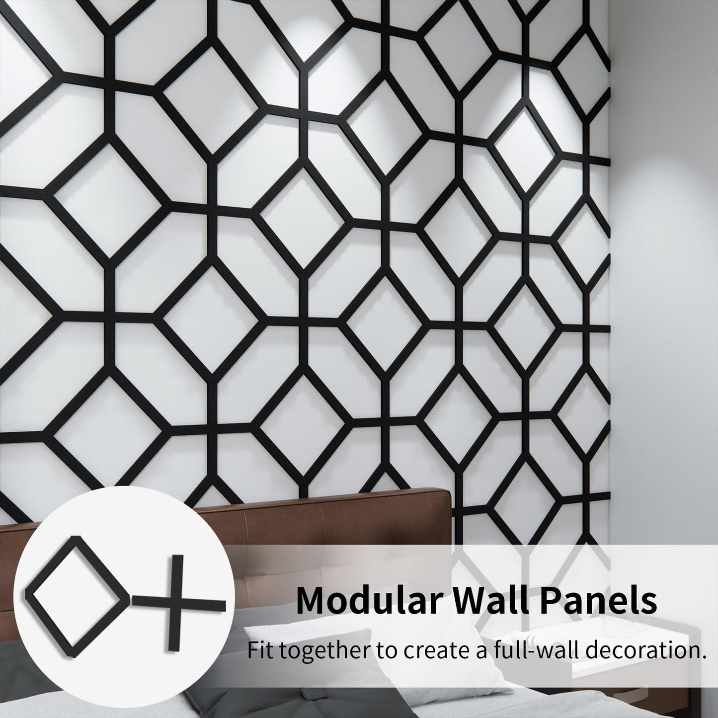MidModArt PVC Modular Decorative Fretwork Wall Panels for Living Room Lobby Bedroom, 8PCS Cross Grid-Black Matte Black Finish