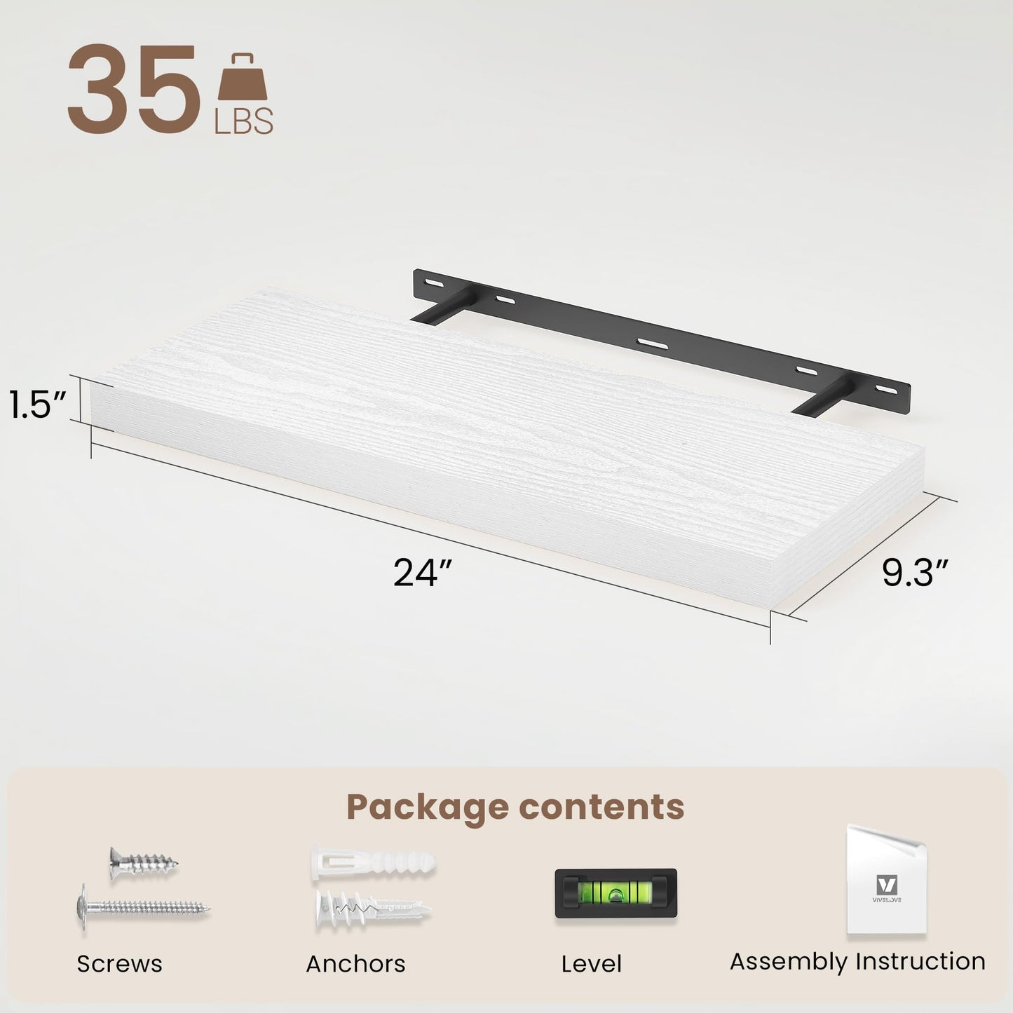 Vivelove White Floating Shelves for wall, 24 Inch Wall Display Shelves with Invisible Brackets, for Bathroom Living Room Kitchen Bedroom Office Farmhouse Home Decor, 24X9.3X1.5 - Set of 2, White