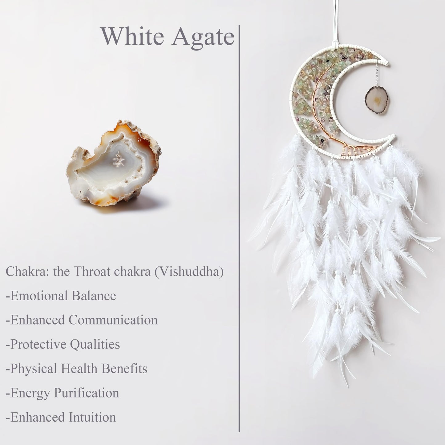 Moon Dream Catchers with Chakra Gemstone Agate Stone, Crystal Tree Life Dream Catchers Wall Hangings Room Decor (White)
