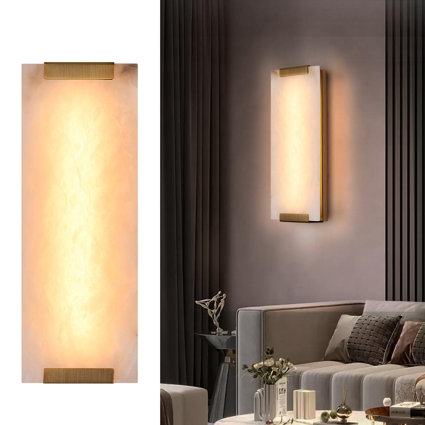 HOMLUCE 14.2in Alabaster Wall Sconce, Large Natural Marble Wall Light Decor, LED Modern Wall Lamp for Bedroom, Stairs, Living Room, Vanity, Bedside, Hallway （Brushed Bronze 12W）