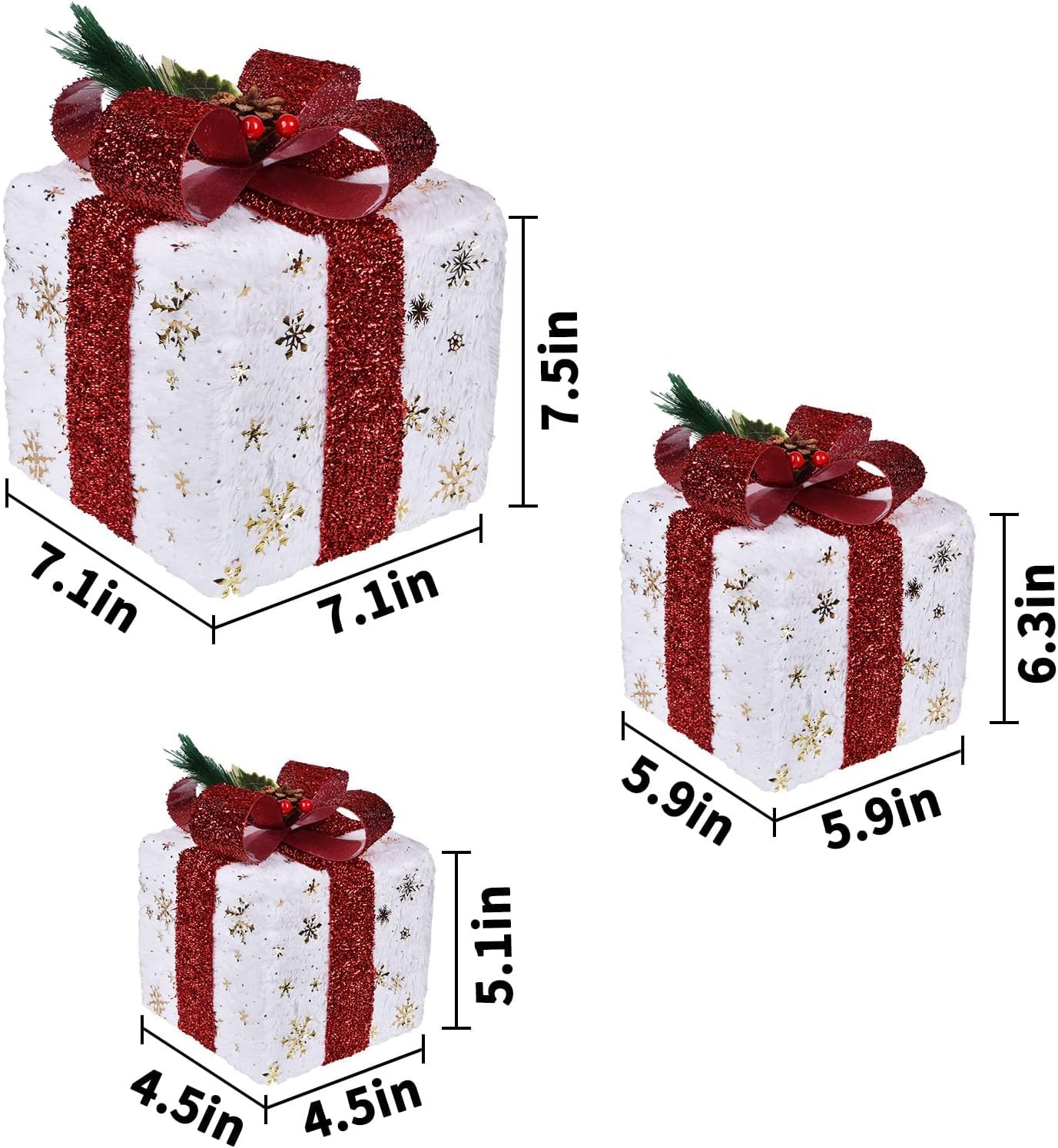 Set of 3 Christmas Lighted Gift Boxes, Pre-lit 60LED Light Up Present Boxes Ornament Outdoor, Boxes with Gold Snowflake, Battery Operated Christmas Decorations for Indoor Home, Party, Lawn Decor