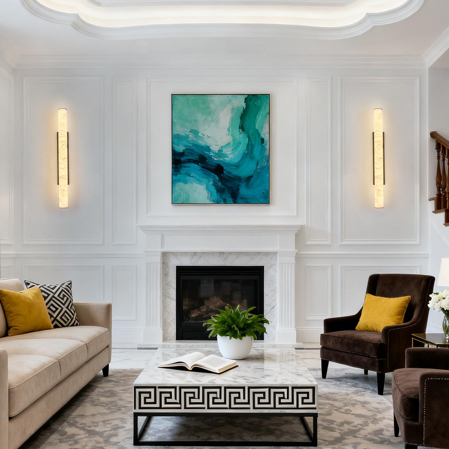 LMQNINE Natural Alabaster Wall Sconces Set of Two Spanish Marble Wall Light Cylinder Modern Black LED Sconce for Living Room Bedroom Bathroo Stairs（L-2Pack）