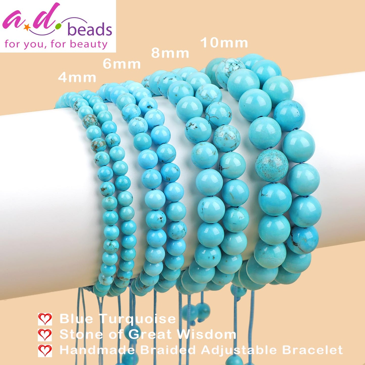 AD Beads 8mm Blue Turquoise - Wisdom - Handmade Natural Stone Crystal Bracelet with Adjustable Macrame String - Yoga Healing Power Energy Gifts for Men and Women