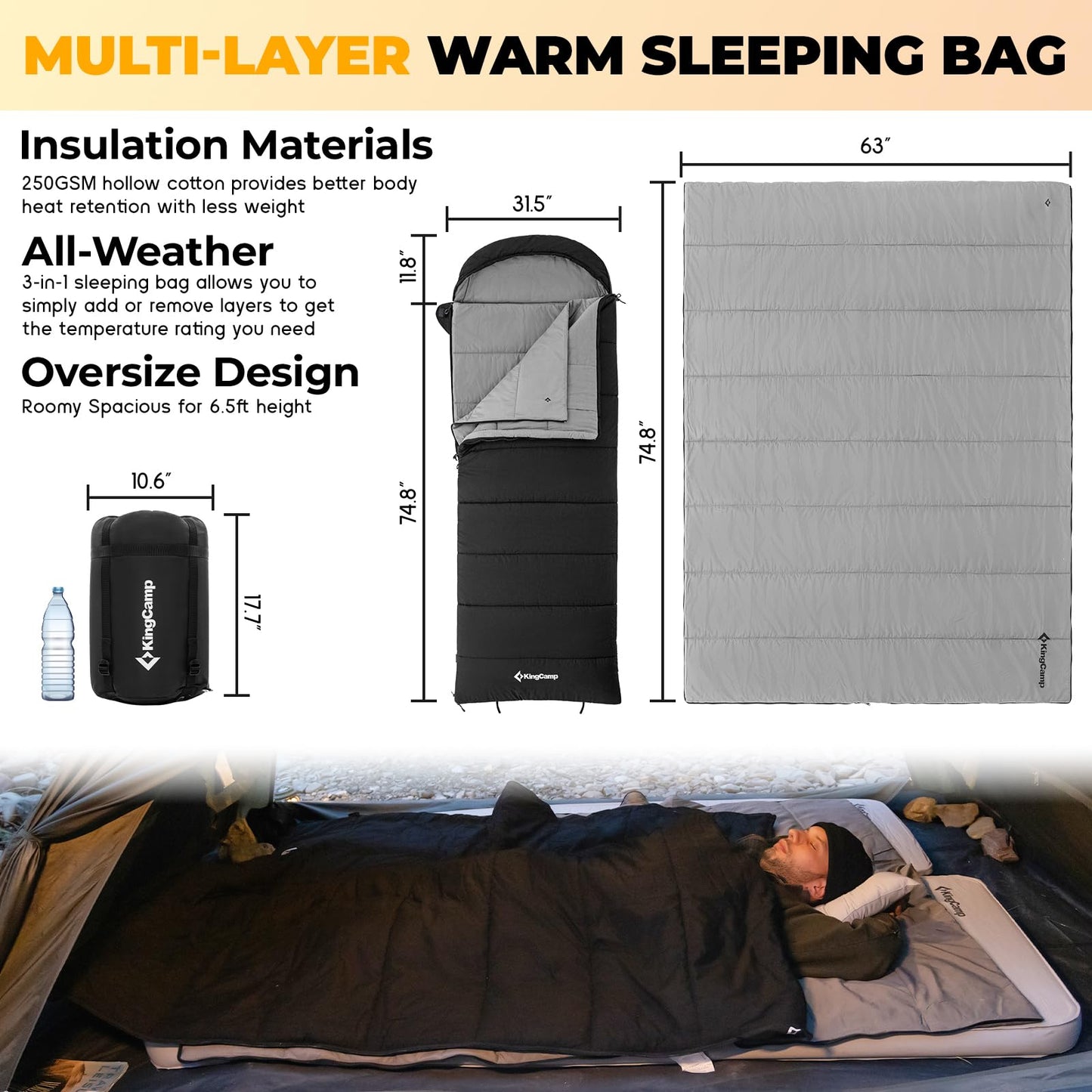 KingCamp 3-in-1 Sleeping Bag for Adults Cold & Warm Weather, XL Size for Big & Tall Individuals, Waterproof, Flannel Lining, Extra Length-Ideal for Camping & Backpacking (Black)