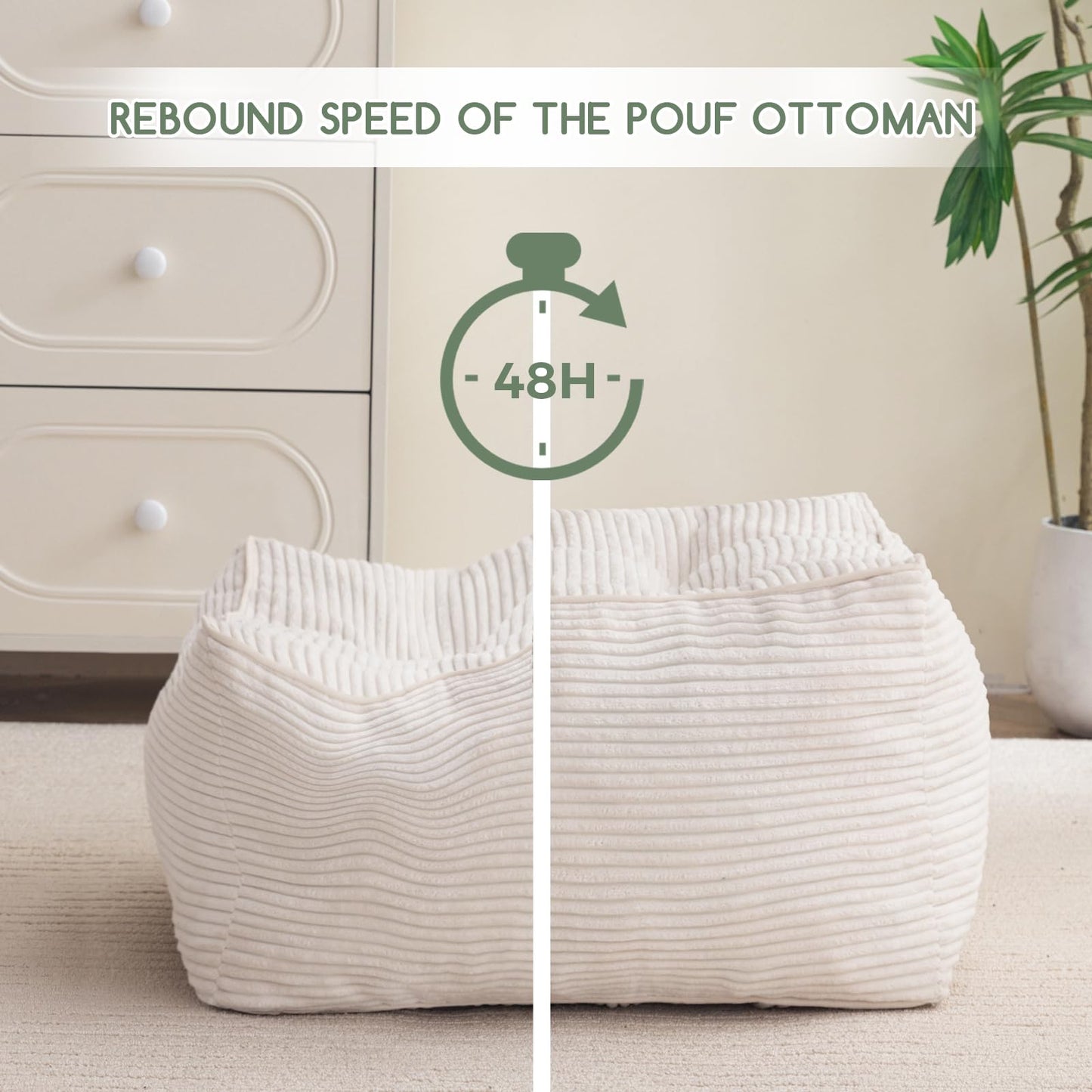 HIGOGOGO Square Stuffed Pouf Ottoman, Corduroy Poufs with Foam Chunk Filling, Furry and Fluffy Pouf Foot Stool Storage Ottoman, 21 X 21 Floor Poufs Foot Rest for Living Room, Beige