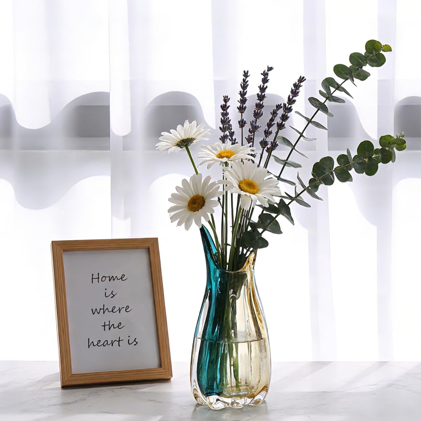 Hand Blown Glass Flower vases,Unique Wide-Mouth Vase,Modern Turquoise Glass Art Decor,for Home Living Room, Office, Table centerpieces, Bookshelves and Wedding Decorations (9.8inch H)