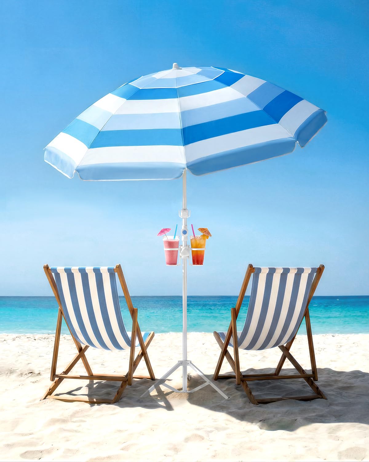 paramondo Portable Beach Umbrella with Cup Holder - 6.5FT Blue and White Striped Sun Umbrella, Adjustable Aluminum Alloy Pole, Windproof & UV Protection for Sand, Patio, and Backyard, Sea Rhythm