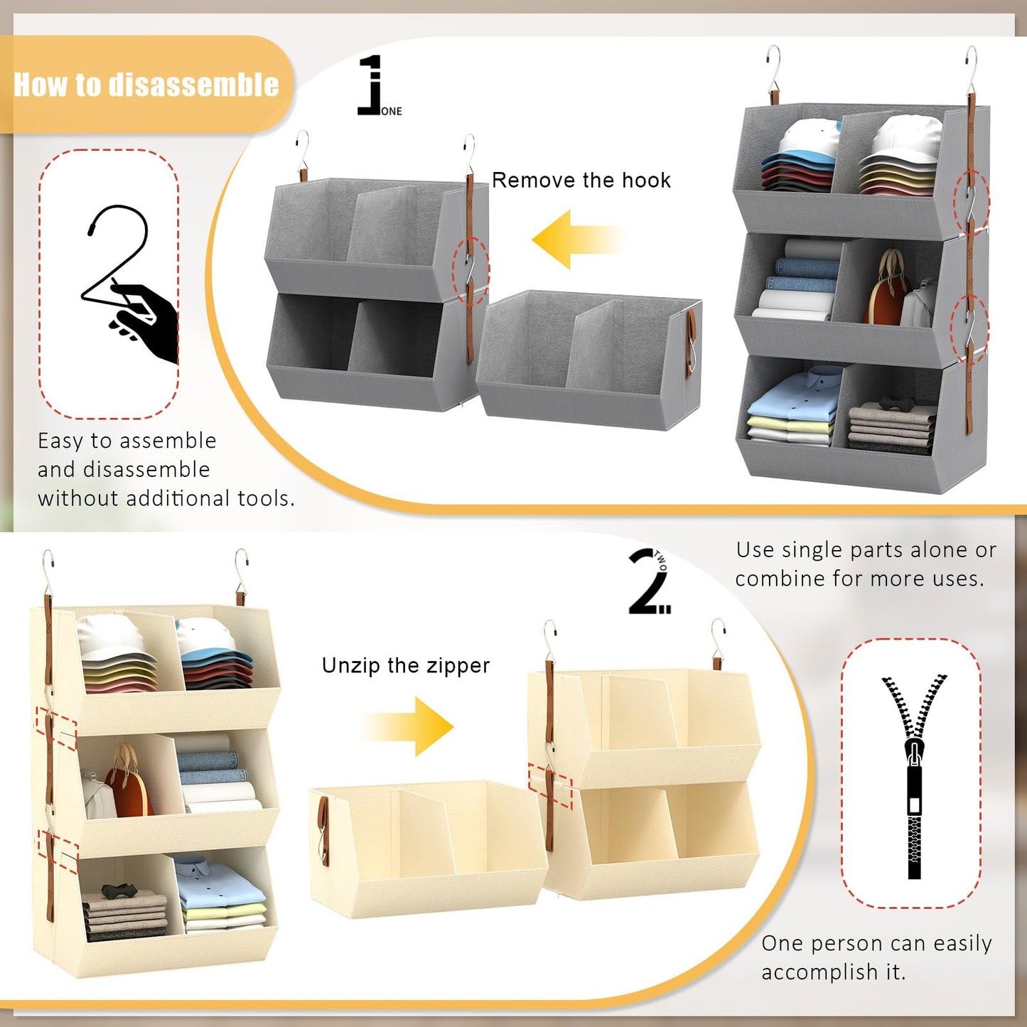 WHEEXIAG Hanging Closet Organizer, Closet Organizers and Storage, Hanging Closet Organizer Extra Large - Fabric Closet Hanging Organizer for Home, Dorm, Rv,Handbags, Underwear, Sock. Beige - 1 Pack