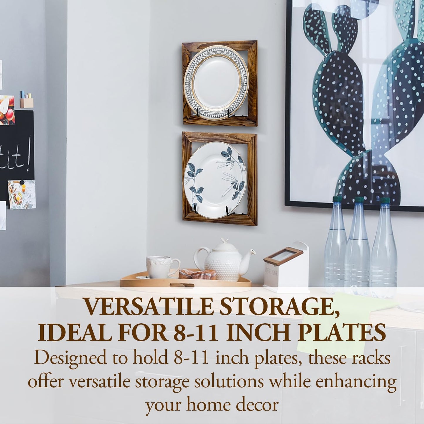 MyGift Set of 2 Wall Mounted Single Plate Holders with Decorative Wooden Frame, Rustic Burnt Solid Wood Display Racks and Black Metal Wire Hanger Hooks for 8 to 11 Inch Plates