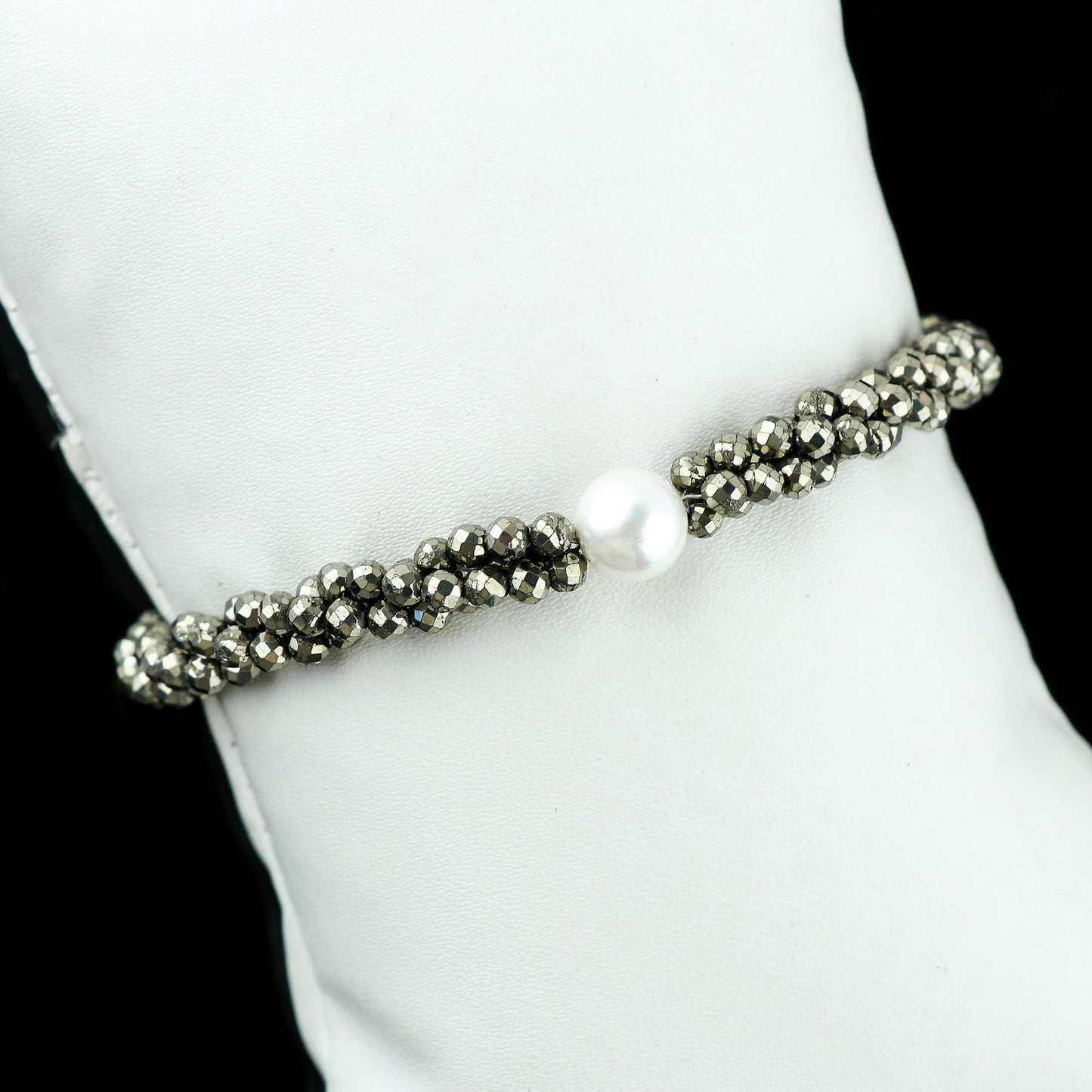 CRYSTALIS Natural Pyrite Beads Twisted Rope Bracelet with Elegant Pearl, High Grade Gemstones, Chakra Healing Stones, Gift Giving Womens Jewelry, 925 Sterling Silver Bracelet 8 inch