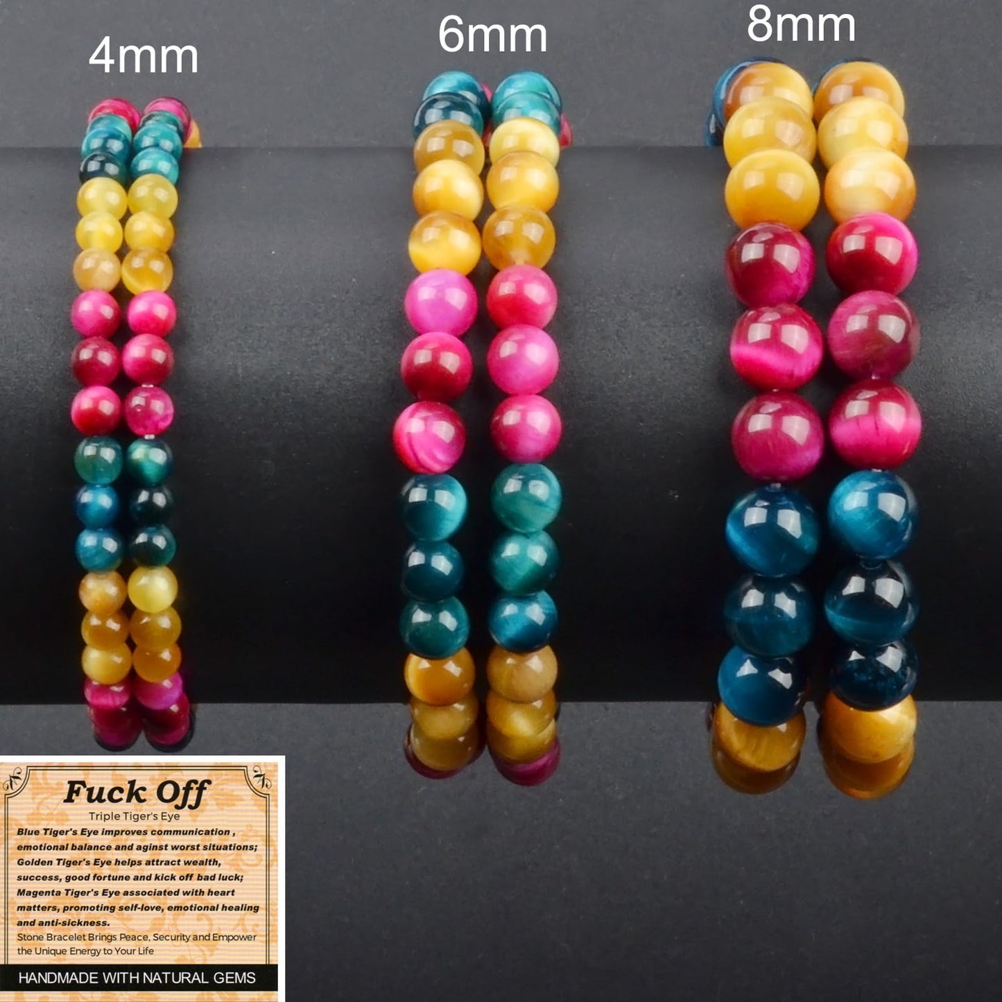 MASSIVE BEADS Triple Tiger's Eye - Fuck Off Handmade Handmade Yoga Stretch Elastic Bracelet Natural Stone Crystal Healing Power Energy Gifts for Unisex Adult 4mm