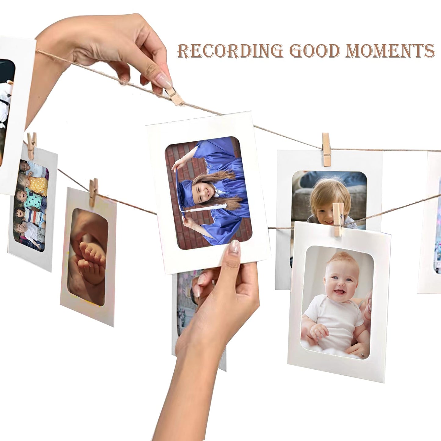 Emfogo Pictures Wall Decor, Wood Hanging Photo Display DIY Decor 5 Strings with 30 Clips, Adjustable Twines fit Multi Photo Wall Display Organizer 35 x 35 inch