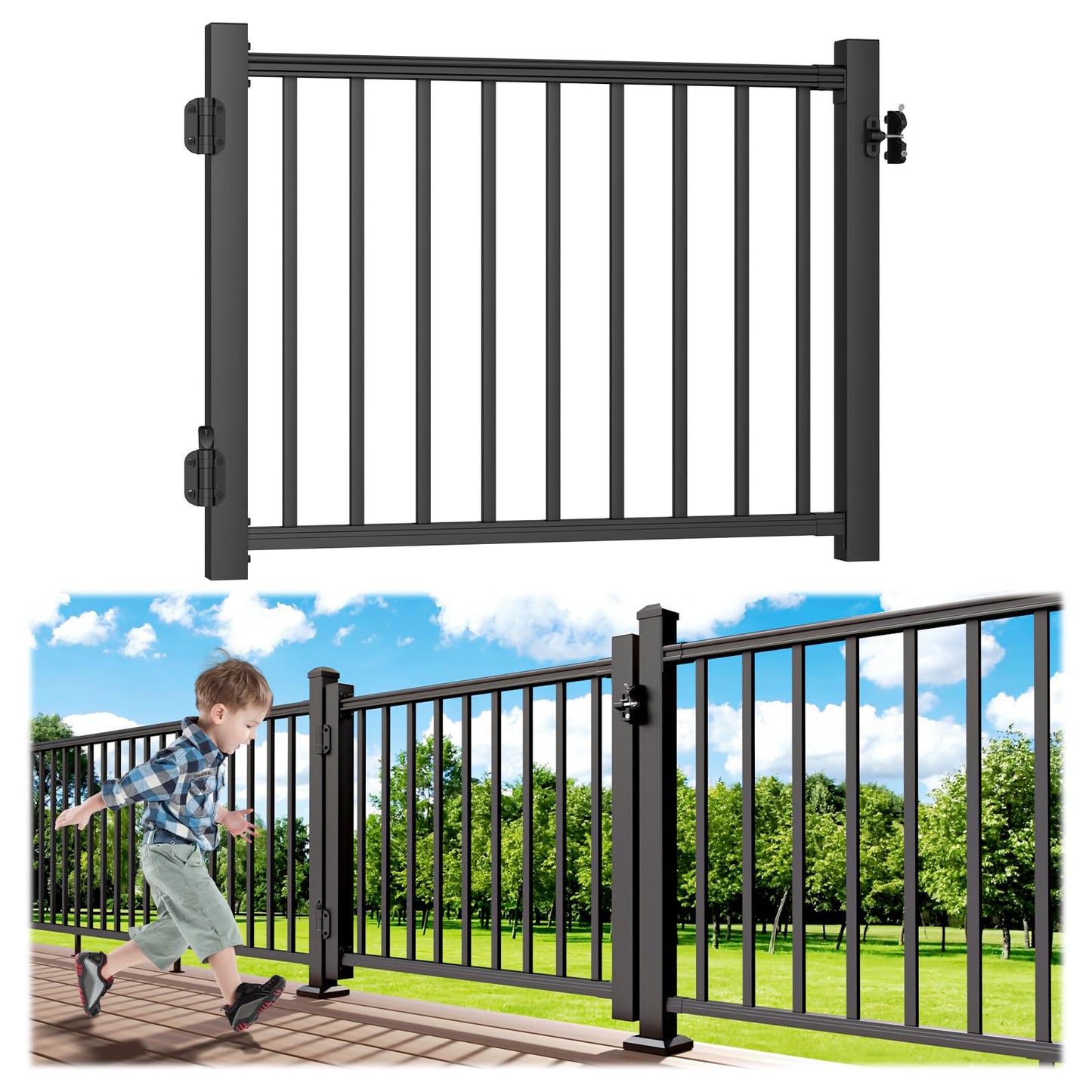 Egadis 4 ft. W Aluminum Deck Gate Kit for 36in. H Railing, Cuttable Black Textured AAMA2604 Powder-Coat Finish Outdoor Gate Kit with Latch and Auto-Closing Hinge for Deck, Patio, Garden, Yard, Porch