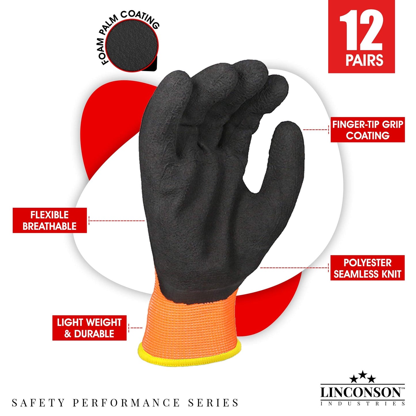 linconson 12 Pack Safety Performance Series Construction Mechanics Work Gloves (XL (Pack of 12), Orange)