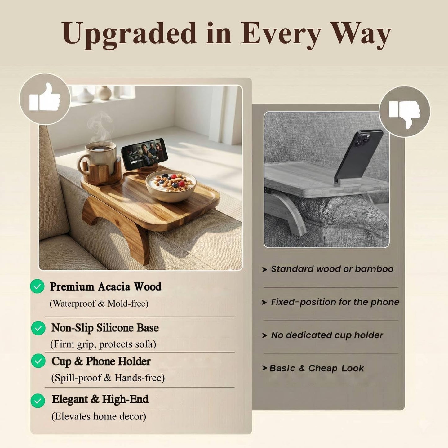 Vellabliss Couch Armrest Table, Acacia Wood Sofa Arm Tray with 360° Rotating Phone & Cup Holder, Clip-On Arm Rest Table for Couch, Anti-Slip Armrest Tray for Snacks & Drinks, 15.4" x 9.8"