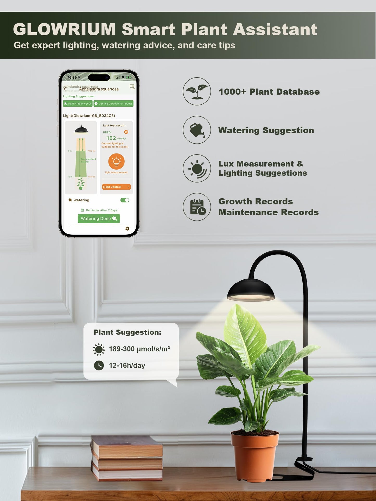 GLOWRIUM Smart Grow Lights for Indoor Plants,10W Full Spectrum Plant Lights with Bluetooth App Control, 360° Flexible Gooseneck Grow Lamp, Auto Timer 3/9/12Hrs, 10 Brightness for Small Plants, Black