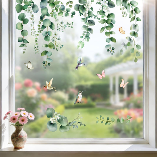 Mfault Spring Summer Hanging Vine Plant Window Clings, Eucalyptus Leaves Hummingbird Flower Butterfly Stickers Decals Decorations, Botanical Floral Plant Home Living Room Kitchen Decor