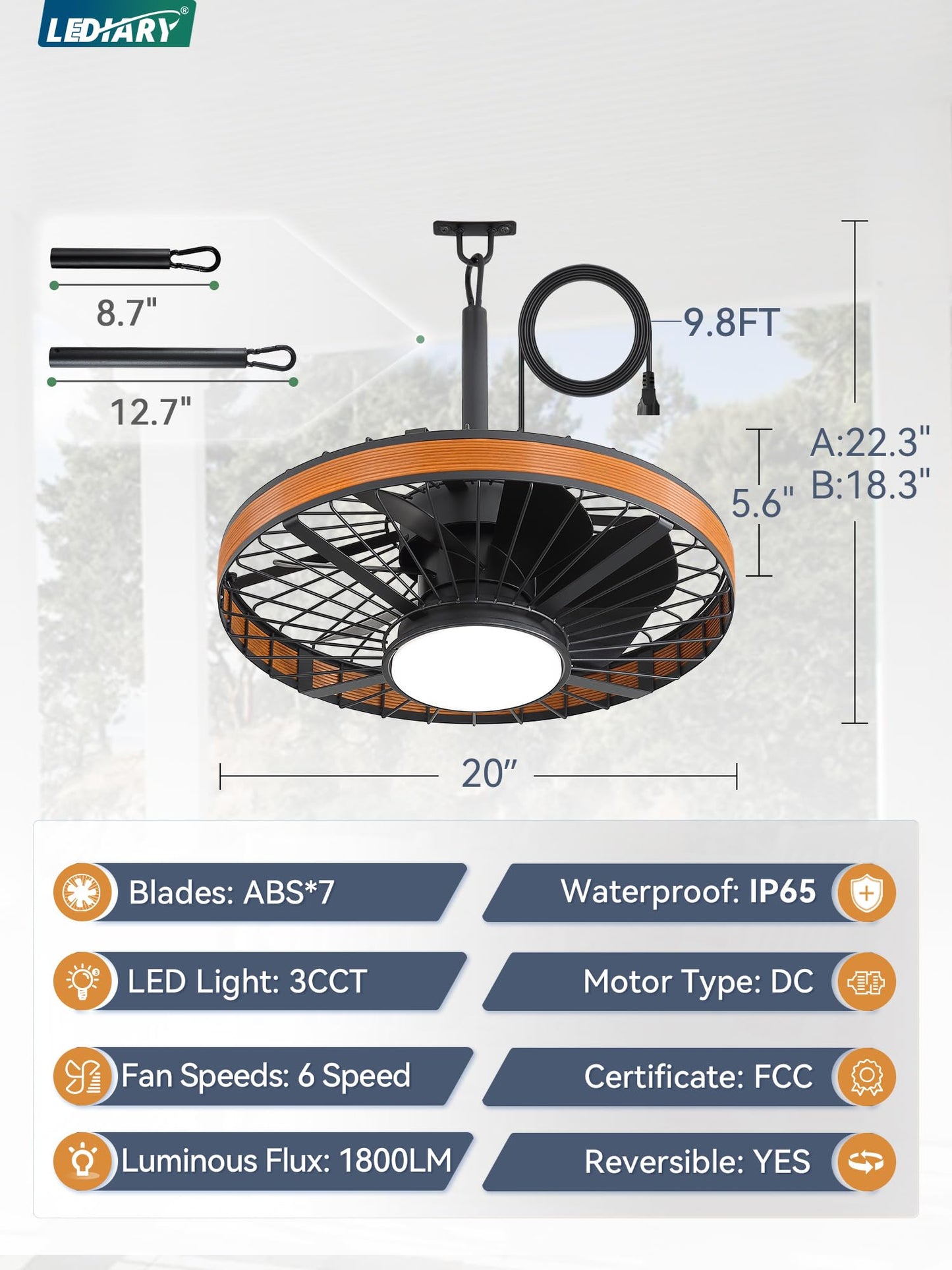 LEDIARY Outdoor Ceiling Fans with Lights, IP65 Waterproof Gazebo Fan with Hanging Hook,6 Speeds, 3CCT, 20 Inch Wet Rated Plug in Ceiling Fan for Patios,Porch, Pergola,Canopy, Brown