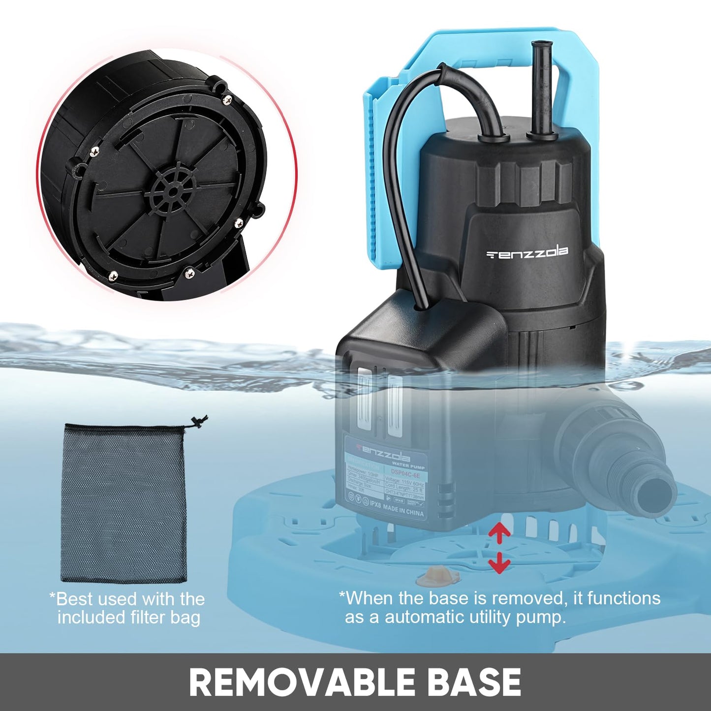 Tenzzola Automatic Swimming Pool Cover Pump, 1/3 HP 2400GPH Submersible Utility Water Pump, Portable Electric Water Removal Pump with 16.4FT Cord for Swimming Pool Cover Basement Garden Pond Draining