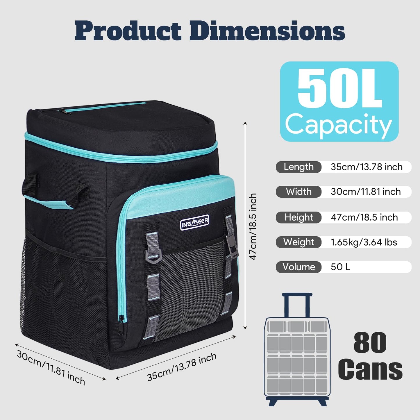 INSMEER Cooler with Wheels and Handle, 80 Cans/50L, Portable Rolling Coolers (Black)