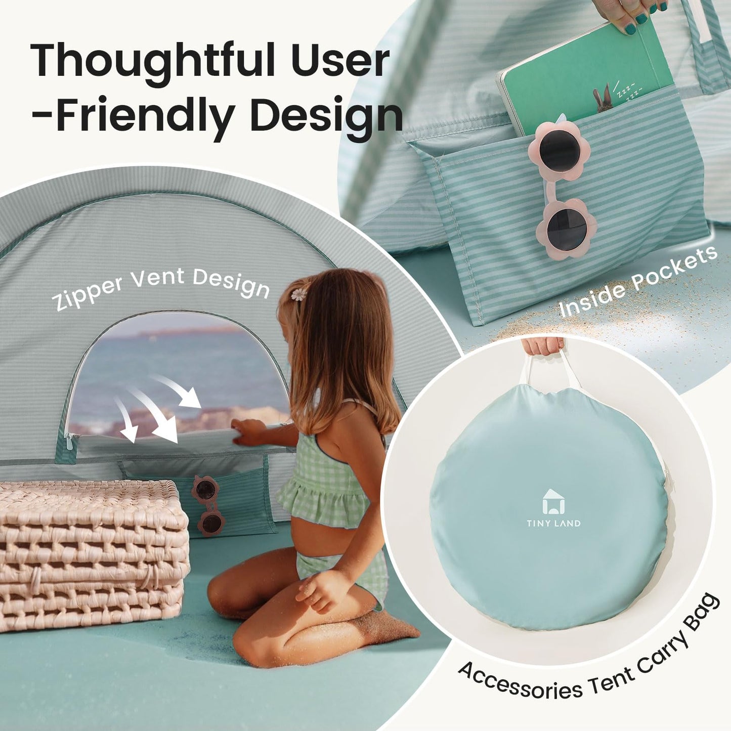 Tiny Land Baby Beach Tent – Pop Up Baby Tent with UV Protection, Portable Baby Beach Essentials, 35"x28"x32" Sun Shelter for Infants, Baby Outdoor Use (Pastel Aqua)