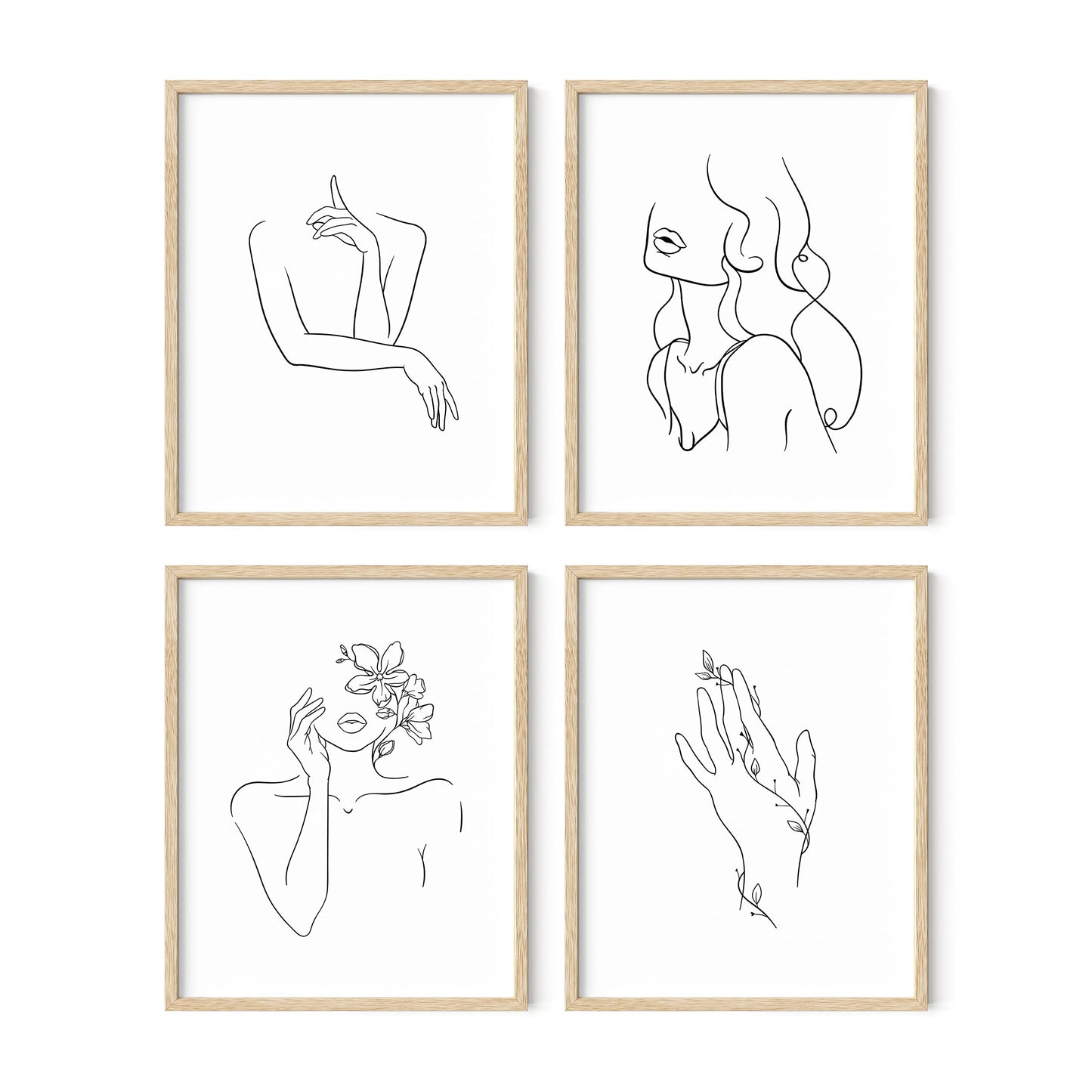 RipGrip Minimalist Wall Art - Set of 4 Woman Silhouette Line Drawings, Room Aesthetic Posters, Abstract Decor (Beige Frame, 8x10)