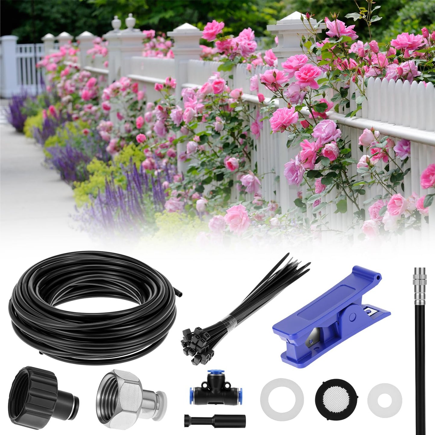 QWORK Drip Irrigation System, 49.21Ft Automatic Drip Irrigation Kit, Adjustable Garden Watering Misting System