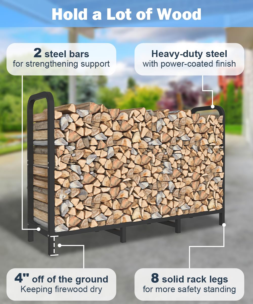 Tikimilor 4ft Firewood Rack Holder with Cover, Adjustable Heavy Duty Fire Log Stacker Stand for Fireplace, Outdoor Indoor Metal Wood Pile Storage Organizer, Patio Logs Stand tool, Black