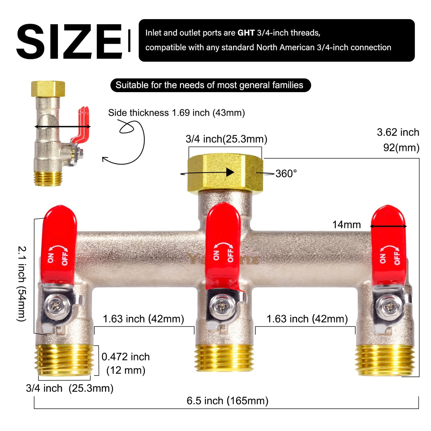 Yayamz Heavy Duty Brass Garden Hose Splitter - 3-Way 3/4" GHT Thread, High Flow Faucet Splitter, Water Hose T Spigot Splitter with Shutoff Valves, Water Adapter & Connector-Long Metal Handle