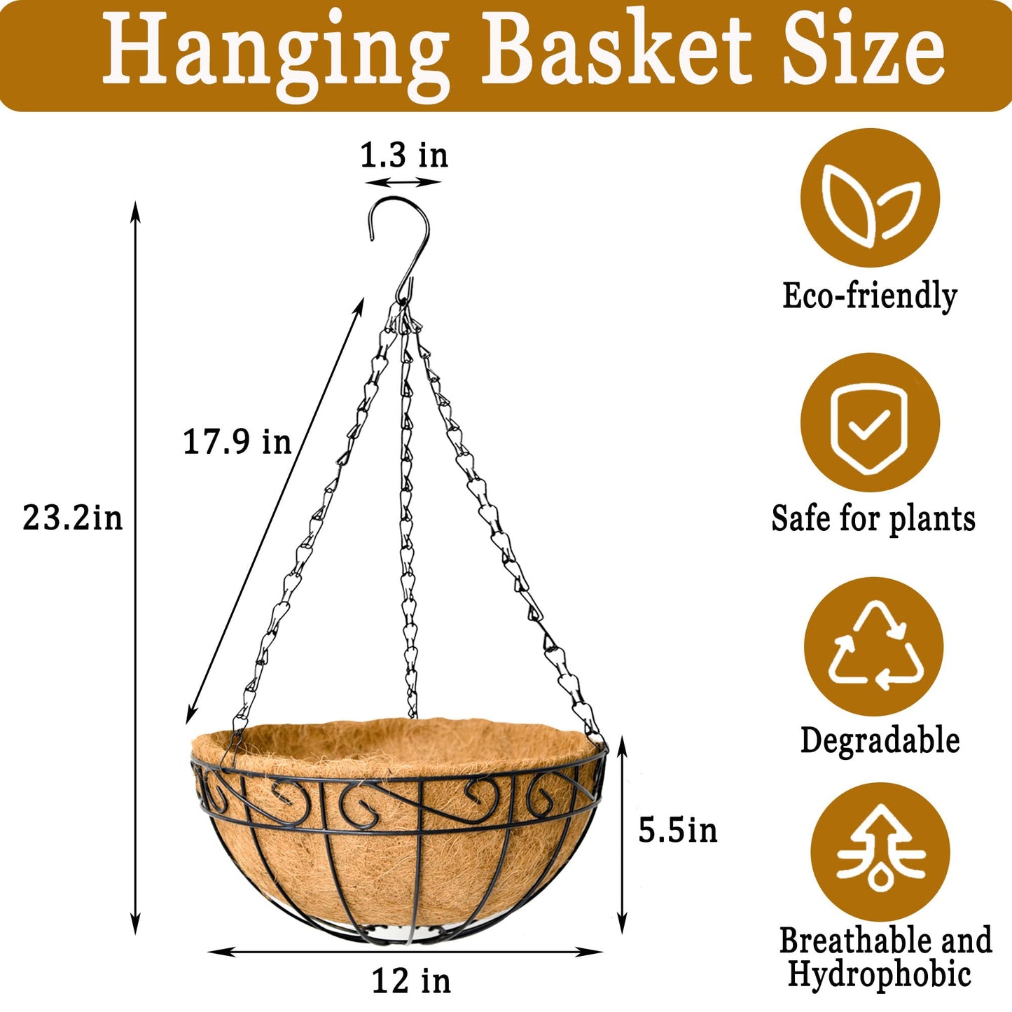 SMYAXUNW 4 Pack Hanging Planters 12 Inch Metal Hanging Planter Basket Flower Pots with Coco Coir Liners Round Wire Plant Holder with Chain for Indoor Outdoor Patio Porch Garden Decoration（HB）