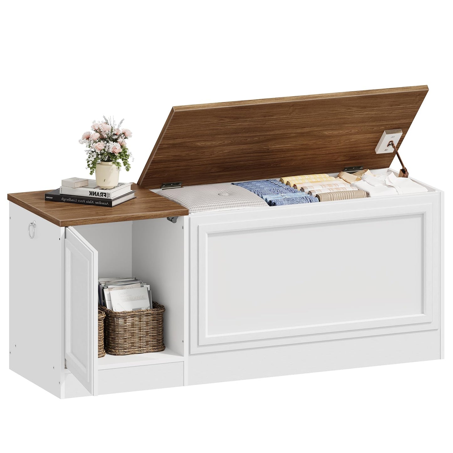 HOOBRO Storage Bench, 47.2" Wooden Toy Box, Toy Chest with Safety Hinge, Farmhouse-Style Storage Chest, Entryway Bench, for Living Room, Bedroom, Hallway, White and Walnut WH54CW01