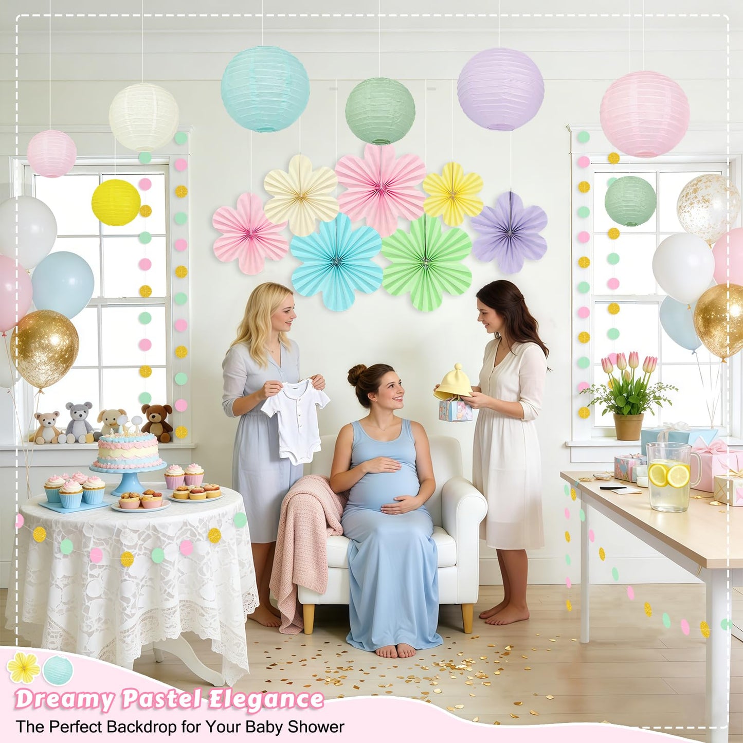 Spring Hanging Decorations - 20Pcs Pastel Party Decorations | Paper Lanterns & Flower Fans Set with Glitter Garland for Pastel Classroom Decor, Office, Baby Shower, Wedding & Easter Wall Decor