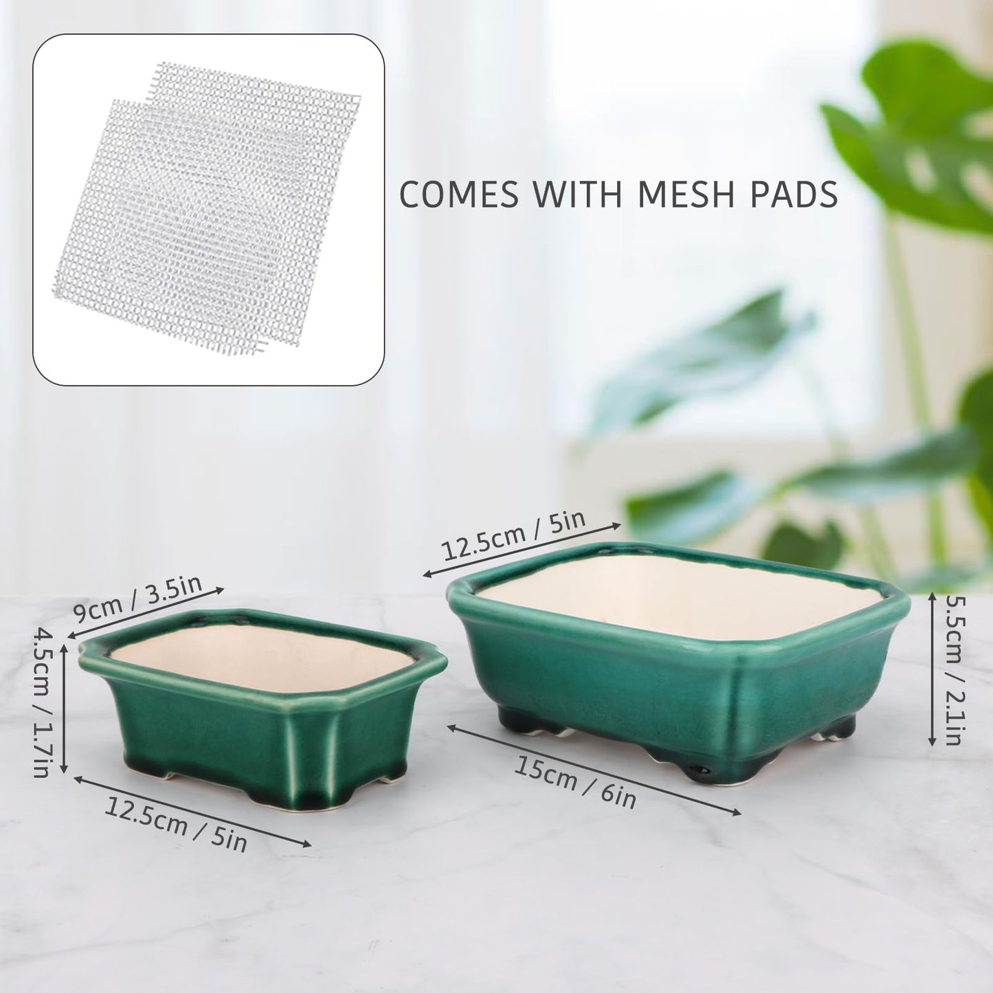 Set of 2 Zisha White Clay Bonsai Pot Glazed Shallow Succulent Planter Green