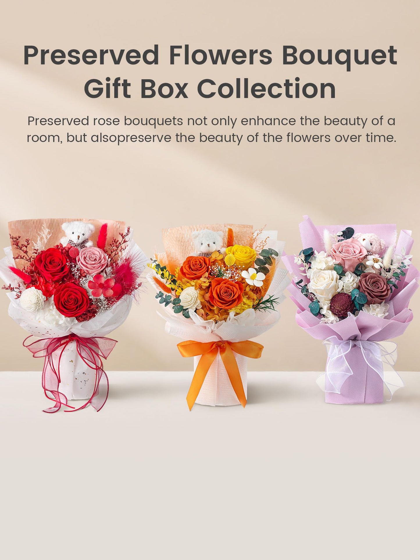 Polylove Forever Flower Bouquet Flowers for Delivery Prime Preserved Roses with Bear Gift Box for Wife Women Mother Day Anniversary Birthday (Purple)