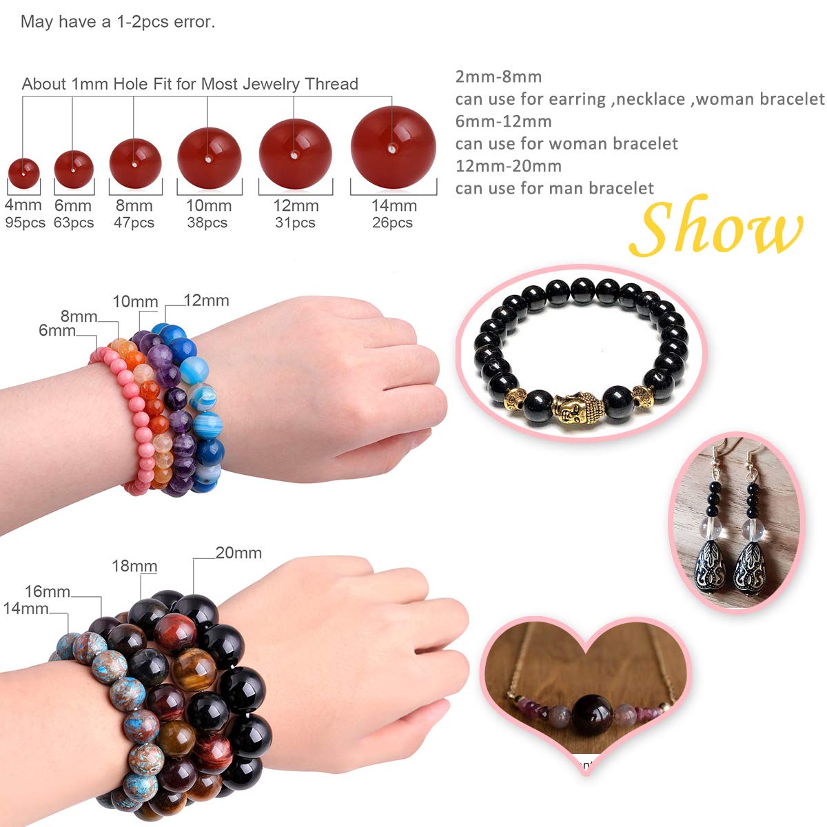 GEM-Inside Natural 8mm Round Black Tourmaline Gemstone Loose Beads Energy Power Beads for Jewelry Making 15"