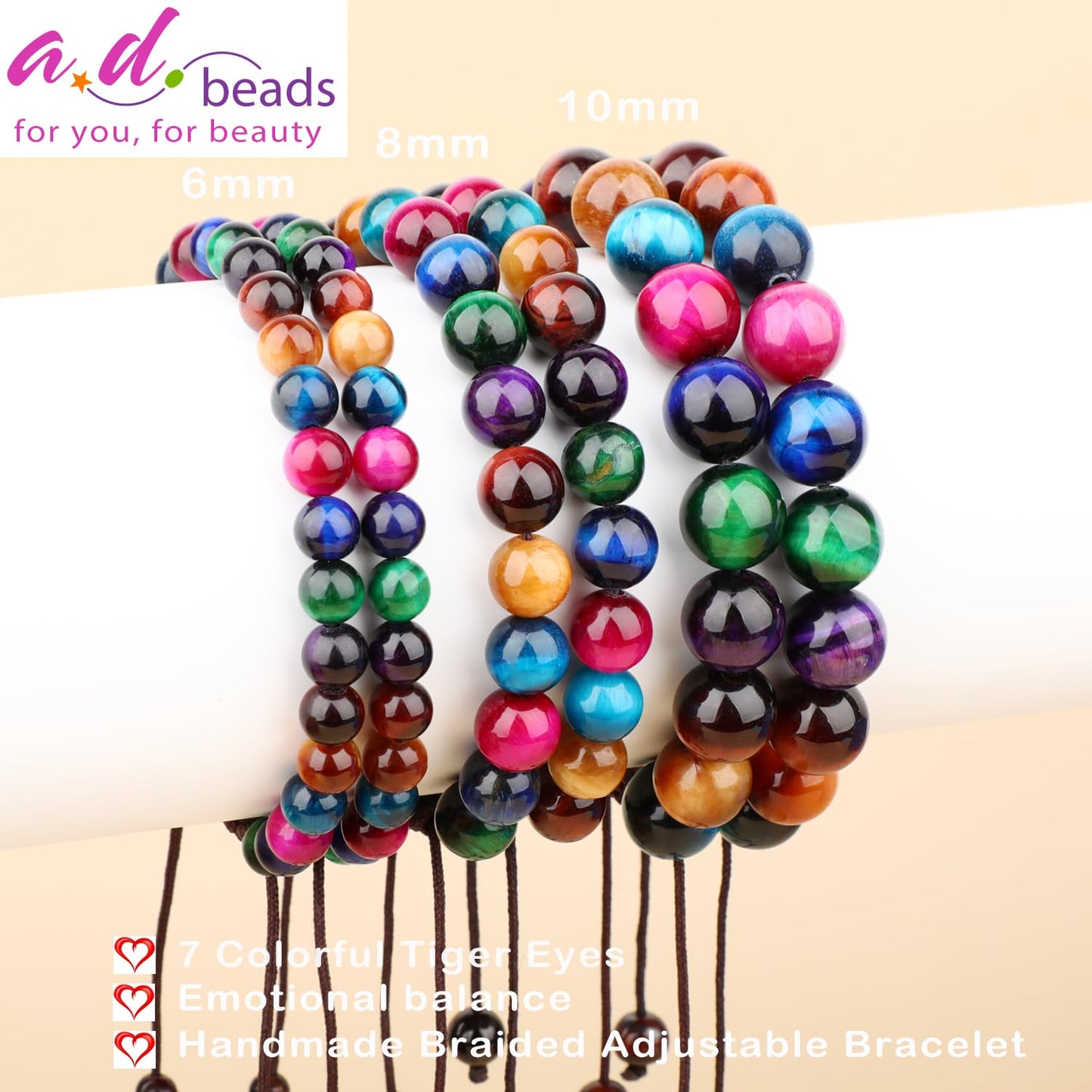 AD Beads 8mm 7 Colorful Tiger Eyes - Emotional balance - Handmade Natural Stone Crystal Bracelet with Adjustable Macrame String - Yoga Healing Power Energy Gifts for Men and Women