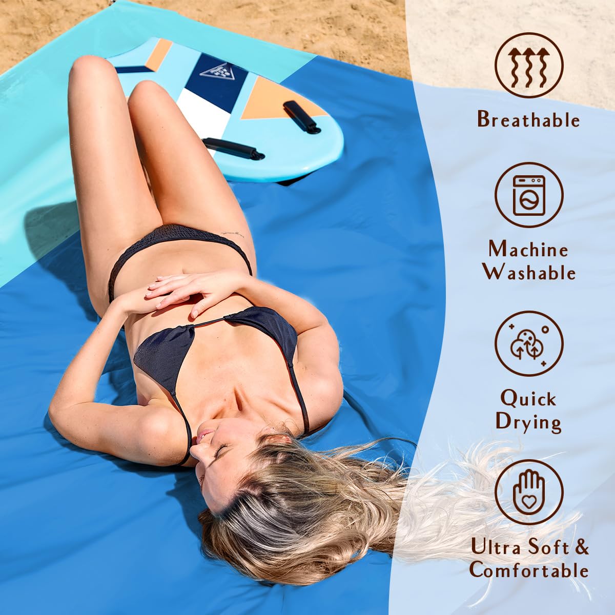 AlphaBeing Beach Blanket Waterproof Sandproof, Extra Large Beach Mat for 1–8 Adults, Oversized Picnic Blanket with 4 Stakes & Storage Bag, Essential Beach Gear for Travel (ThreeBlue, 120“×108”)
