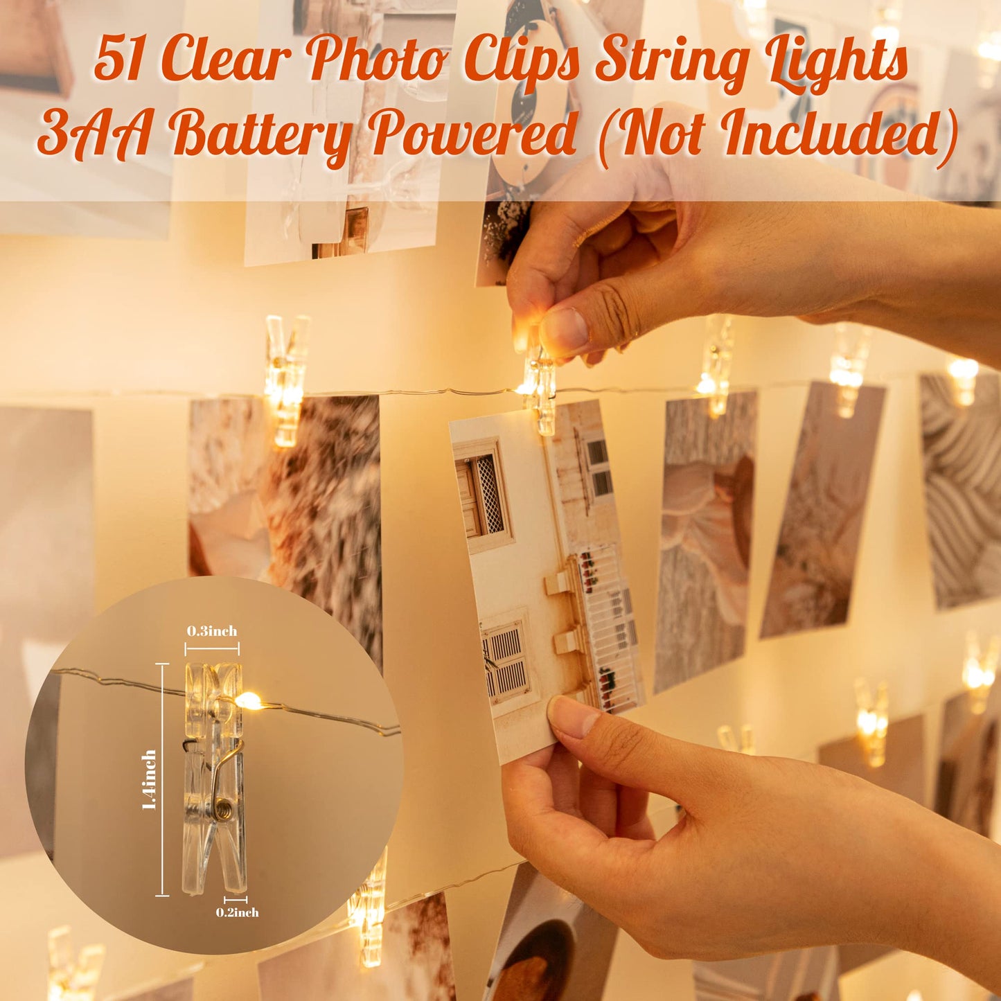 LUSHARBOR Photo Clips String Light,33FT Fairy Lights with 51 Clips, Battery Operated String Lights with Clips for Pictures, Room Decorations for Dorm Wall Bedroom Wedding Christmas Tree (Clear Clips)