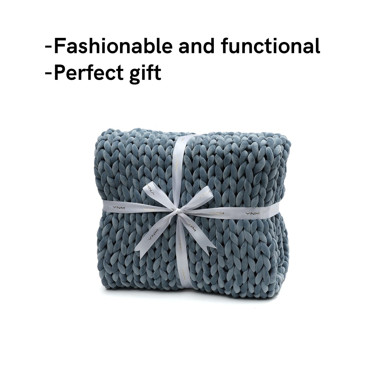 YnM Velvet Weighted Blanket, Handmade Chunky Knitted Design, Soft and Cozy, Temperature Regulating and Breathable, Machine Washable Throw for Sleep or Home Decor (Blue, 50x60 Inch, 10lbs)
