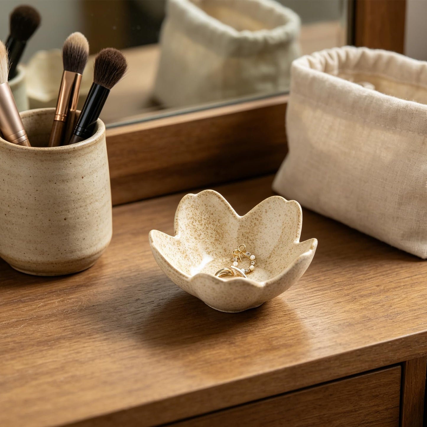 zerokyclan Floral Vanity Tray - Ceramic Jewelry Organizer Dish for Rings Necklaces Wedding Gift Idea(camel)