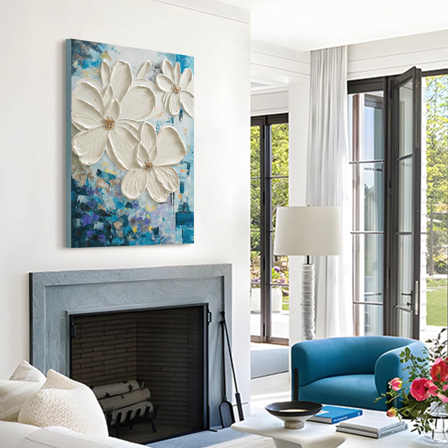 JUHOME Hand-Painted Textured Flower Oil Painting Canvas Wall Art,24x36 In Abstract White Floral Artwork, Vertical Modern Original Wall Decor for Living Room Bedroom Office
