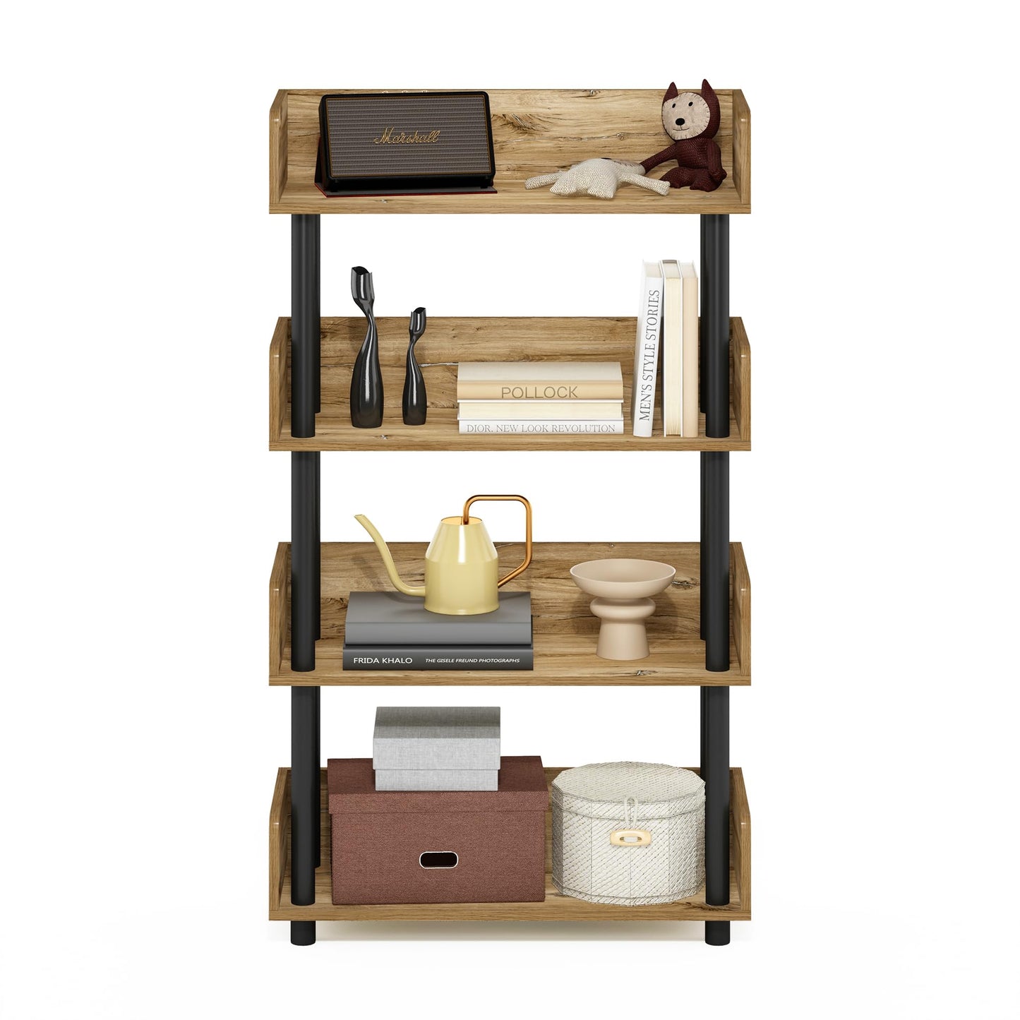 Furinno TURN-N-TUBE 4-Tier Display Shelf, Storage Shelves, Book Shelf, Open Shelves with Rounded Corner Top Edges, for Organization and Storage, Living Room, Home Office, Flagstaff Oak