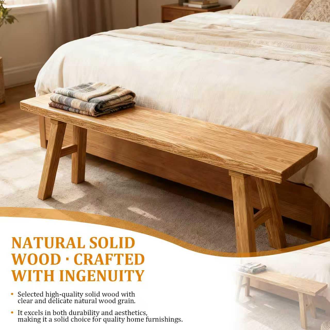 BTUASSDY 47.2" Solid Wood Entryway Bench - Extra Long Elm Wood Farmhouse Dining Bench for Hallway, Bedroom, Kitchen - Antique Natural Finish
