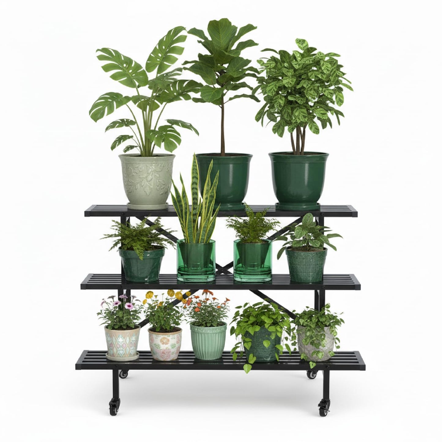 Yunphia US 3-Tier Metal Plant Stand, 45.56”L x 26”W x 23.6”H - Heavy-Duty Rolling Tiered Plant Display Rack for Indoor, Outdoor & Patio Use